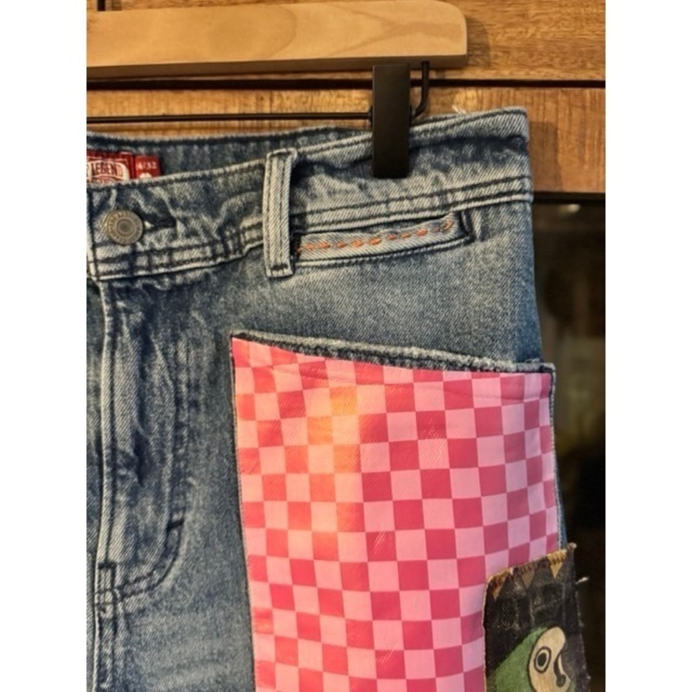 Unique upcycled Bird Patchwork Straight Leg Jeans Eclectic Boho Denim 14/32 - Picture 12 of 14